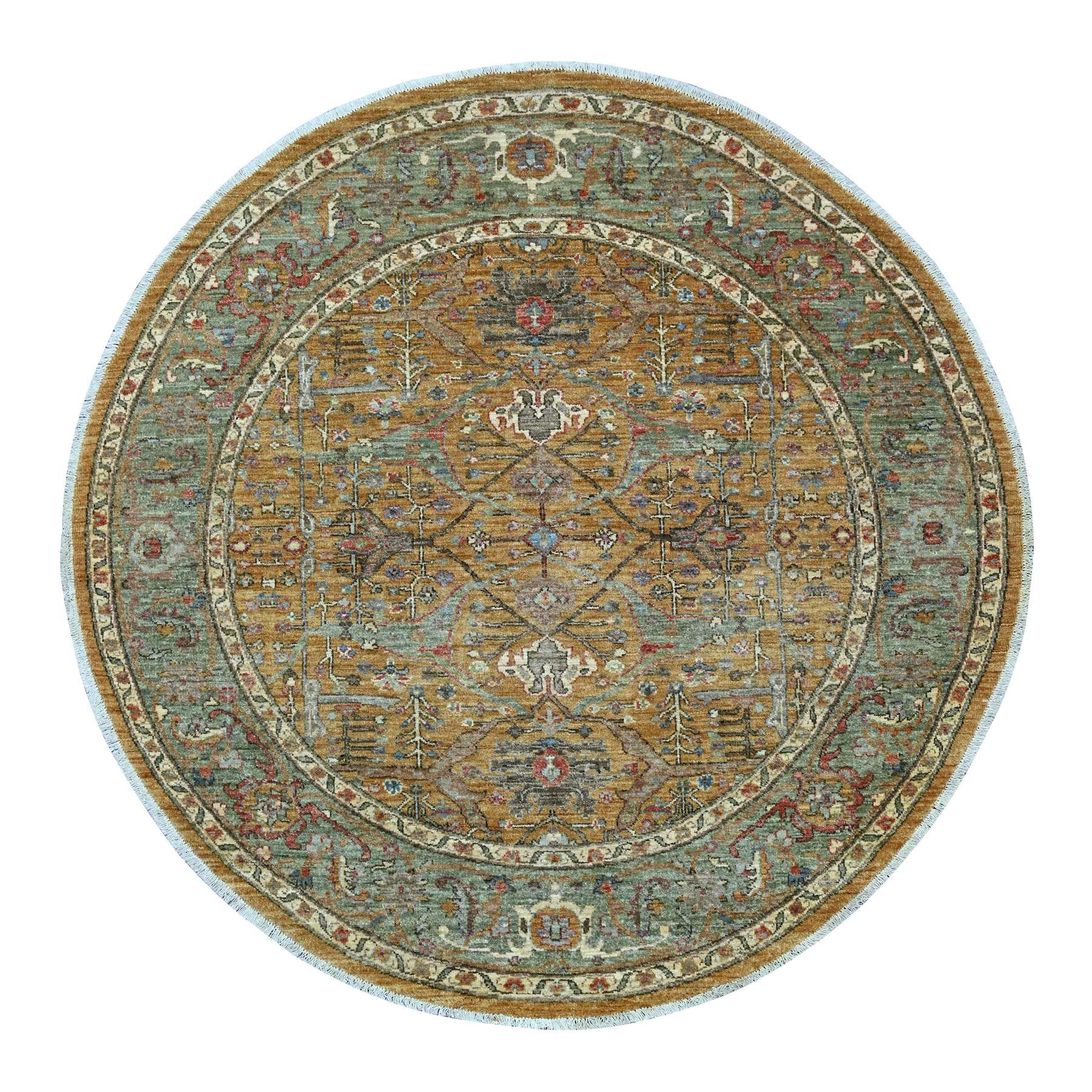 6'x6' Golden Brown, Peshawar with Bijar Garus Design, High Mountain Wool, Densely Woven, Hand Knotted, Round, Oriental Rug 